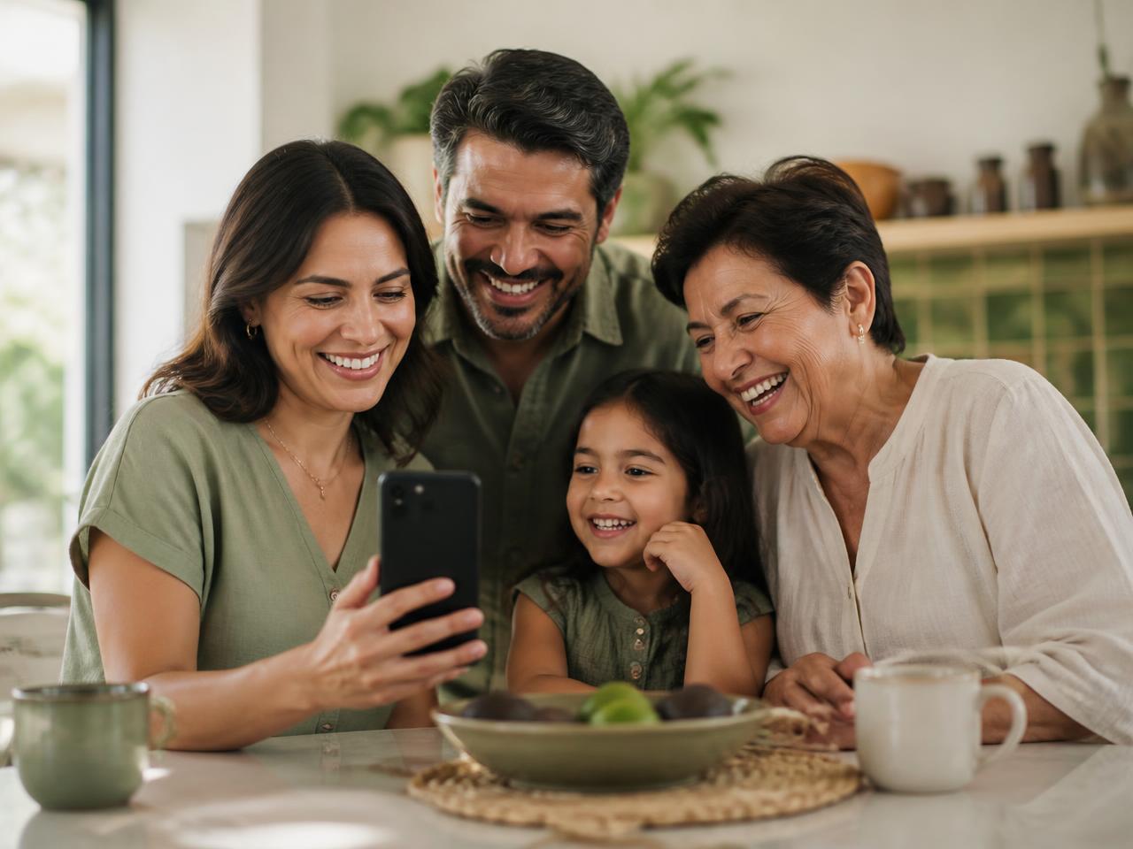 Familia revisando en el teléfono la remesa que recibió desde el extranjero